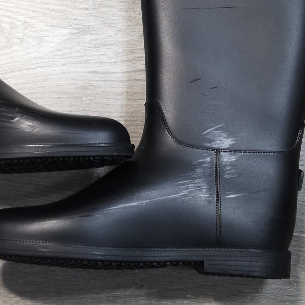 Dirty Laundry Ladies Size 9 / 40 Black & Tan Rubber Boots w/ Faux Leather Trim - Picture 9 of 11